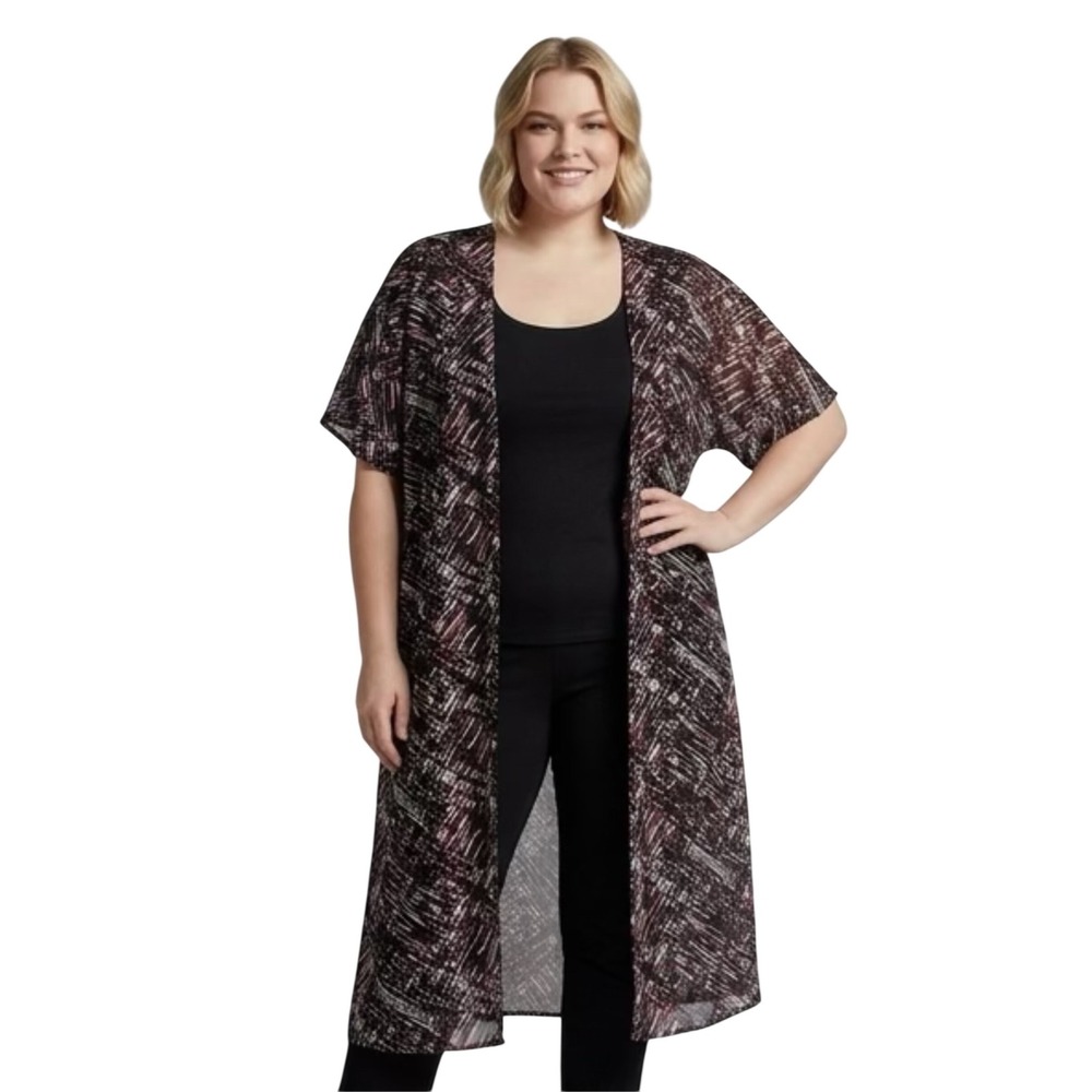 Love & Legend Sheer Longline Kimono Duster Abstract Print Burgundy Black Size 18